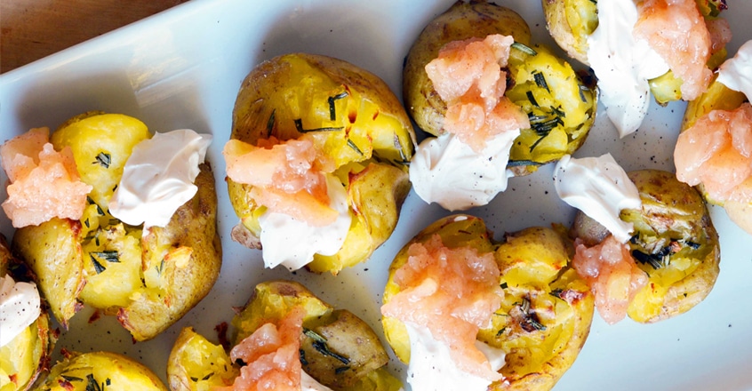 Smashed Rosemary Potatoes With Sour Cream & Stewed Apples